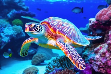 Naklejka na ściany i meble colorful tropical underwater turtle theme near the reef