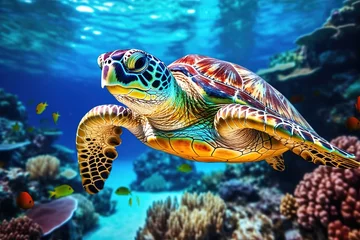 Tuinposter colorful tropical underwater turtle theme near the reef © Irina
