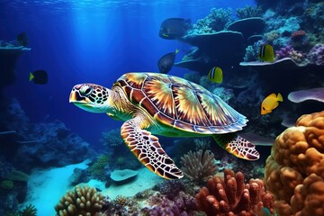 Fototapeta na wymiar colorful tropical underwater turtle theme near the reef