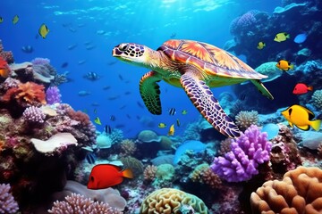 colorful tropical underwater turtle theme near the reef