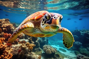 Obraz premium colorful tropical underwater turtle theme near the reef