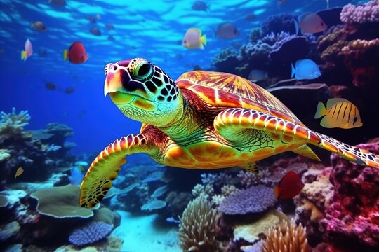 colorful tropical underwater turtle theme near the reef