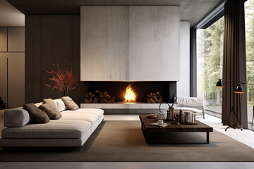 Minimalist style interior design of modern living room with fireplace and concrete walls.