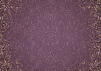 Hand-drawn abstract ornament. Light semi transparent pink on a purple back, with vignette of same pattern and sparks in golden glitter on a darker color. Paper texture. A4. (pattern: p11-1a)
