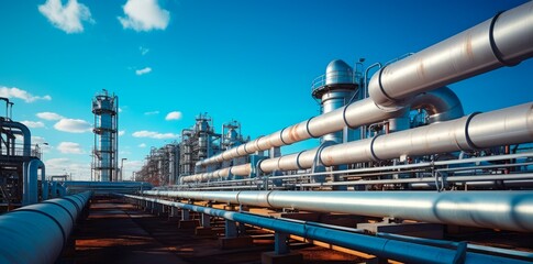 A modern petrochemical plant with Large oil pipeline and gas pipeline in the process of oil refining and the movement of oil and gas 