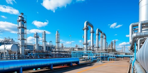 A modern petrochemical plant with Large oil pipeline and gas pipeline in the process of oil refining and the movement of oil and gas  - obrazy, fototapety, plakaty