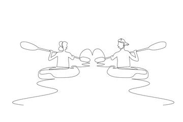 young couple in love canoe kayak boat activity love heart icon simple line art design