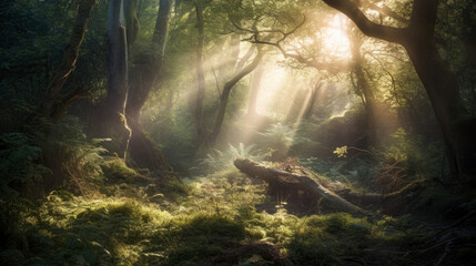 Sunlit forest with rays filtering through trees