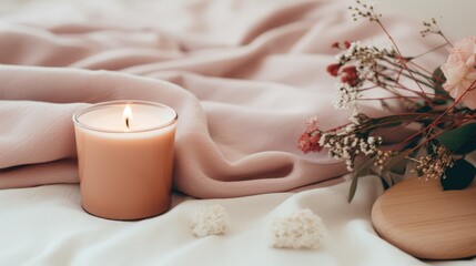 Obraz na płótnie Canvas beautiful composition in the home or spa, Burning candle, flowers and warm fabric. Cozy lifestyle, hygge concept