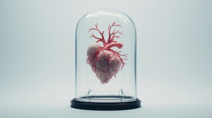 Health insurance concept with red heart under the glass cover. Healthcare, finance and medical service. Fragile crystal heart as a symbol of life under insurance protection