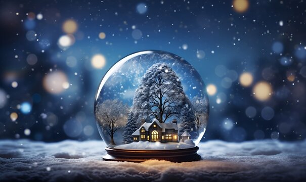 snowfall house and tree inside glass ball, ai generative