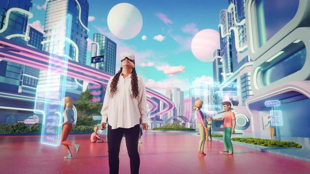 African Female Wearing a Virtual Reality Headset. She Enters Animated Digital Internet 3D Universe with Colorful Avatars. Next Generation Immersive Social Network Online Metaverse Experience