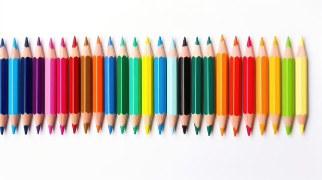 row of Color pencils on white background.Close up.