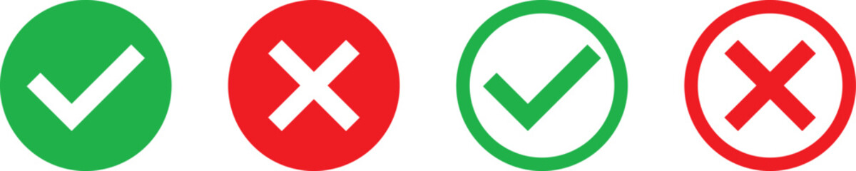 Fototapeta premium Check mark and X mark icon. Checkmark and x mark icon for apps and websites. Green and red check mark icon on white background - stock vector.