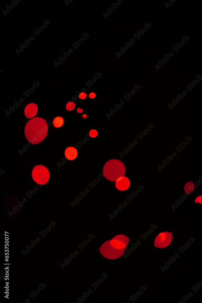 Poster bokeh, red dots and lights on black background with pattern, texture and mockup with cosmic aestheti