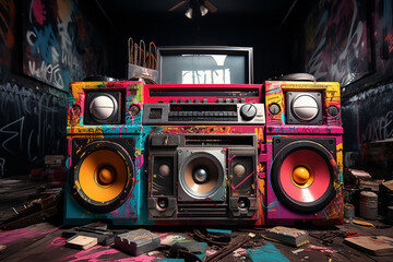 Retro old design ghetto blaster boombox radio cassette tape recorder from 1980s made with AI - obrazy, fototapety, plakaty