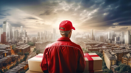 Fototapeta premium back view of delivery man over cityscape with box in hands, logistic, shipping cargo service