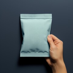 A man holding a blue package, sachet on a gray background. Package for food bags. Blank space for text or logo. AI-generated image.
