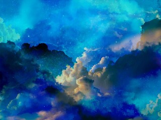 青く美しい雲が漂う空と輝く星々の背景イラスト	