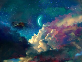 Illustration of creepy night sky with shinning crescent moon