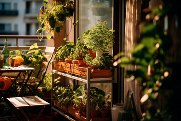 Urban balcony organic garden. Vegetable gardening in the city	