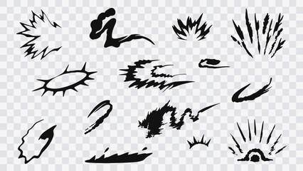 Cartoon spark and explosion effect set. Vector comic boom blast clouds, exploded bomb fire burst energy and bang crash power with smoke, dust and air speed motion trails, comics book explosion effects