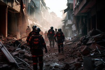 Rescue workers on a street in a big city completely destroyed by an earthquake