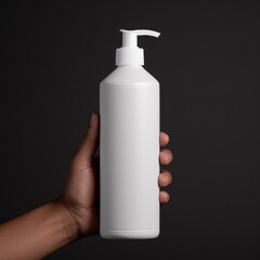 Men holding white unbranded mock-up cleanser bottle on grey background. Daily cosmetic product. Blank space for text or logo. Image generated by AI.
