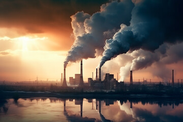 Smoking chimneys, factories release CO2 into the atmosphere. Concept of carbon trading market
