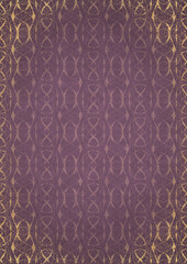 Hand-drawn abstract ornament. Light semi transparent pink on a purple back, with vignette of same pattern and sparks in golden glitter on a darker color. Paper texture. A4. (pattern: 10-4f)