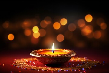 Diwali festival poster shiny background with diya lamps and rangoli, with empty copy space Generative AI