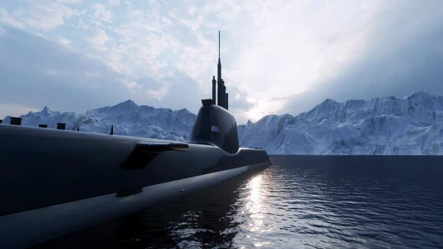 An aerial view along the length of a newly constructed military nuclear submarine that has surfaced in the Arctic Ocean for ventilation.