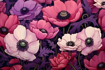 Illustration depicting anemone flowers on a floral background. Generative AI