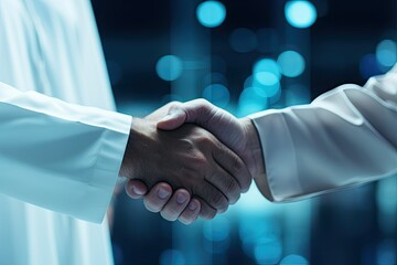 Business handshake on bokeh light background