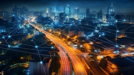 Modern city and smart transportation and intelligent communication network of things ,wireless connection technologies for business . - obrazy, fototapety, plakaty