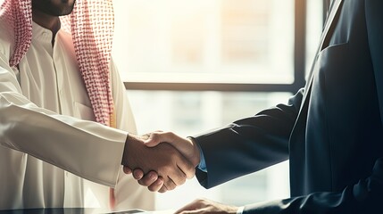 Two business men shaking hands in front of the office