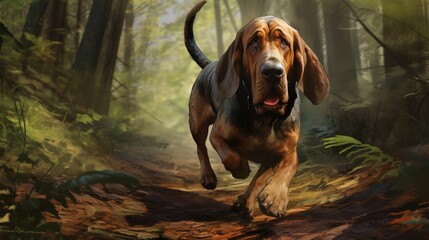 a realistic image of a tenacious Bloodhound assisting in a scent tracking mission through a dense forest - obrazy, fototapety, plakaty