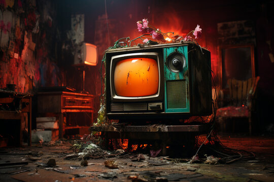 Retro old television on fire in a graffiti covered room. Flames around the television made with AI - Powered by Adobe