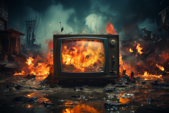 Retro old television on fire in a graffiti covered room. Flames around the television made with AI