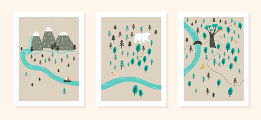 Set of three posters for kids room decoration. Vector illustration with forest, mountains and river in cartoon style