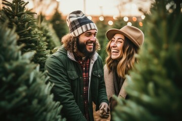 Happy couple smiling and choosing Xmas tree at Christmas tree fair market.  Winter holidays and preparation for the celebration of New Year holidays. - obrazy, fototapety, plakaty