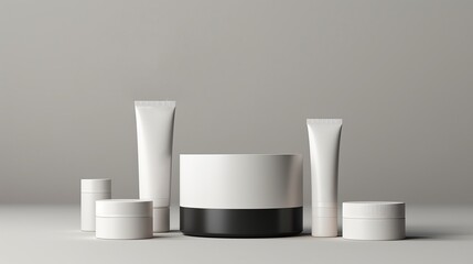 Set of white cosmetics on grey background. Daily cosmetic product. Blank space for text or logo. Image generated by AI.