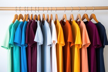 Colorful t-shirts on hangers, Apparel cloth background.