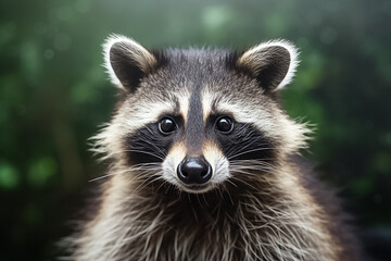 The portrait of a wildlife raccoon looking at the camera in the forest, Generative AI.