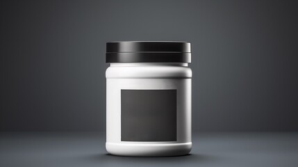 Large protein box on a simple gray background. Blank space for text or logo. Image generated by AI.