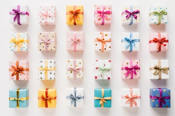 Multicolored gift boxes on white background.