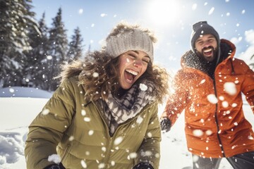 Cheerful couple having a snowball fight in the snow, young people having fun outdoors during winter holidays.