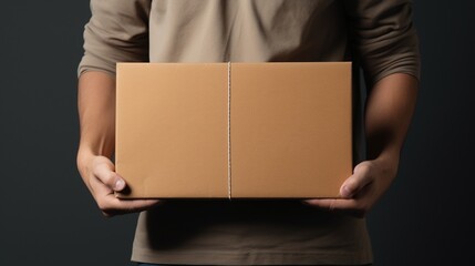 A person holding a courier parcel in his hands. Blank space for text or logo. Image generated by AI.