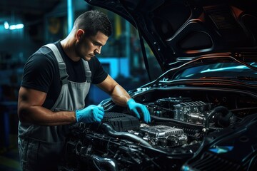 A futuristic mechanic working on a car with advanced tools and technology