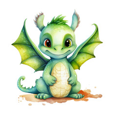 Obraz premium Watercolor Christmas green dragon with Santas hat clipart, cute watercolor animal illustration, painting for Sublimation, Christmas card design, print. 